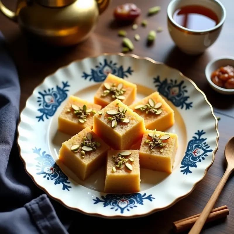 Porciones cuadradas de halva de sémola dorada con trozos de dátiles, decorada con almendras fileteadas y pistachos picados, sobre un plato de cerámica blanca con detalles persas. Postre persa sin azúcar y alto en fibra.