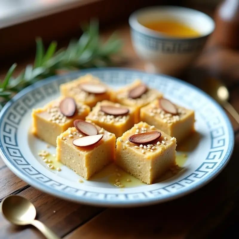 Halva de sémola y dátiles griega cortada en porciones cuadradas, con almendras fileteadas y semillas de sésamo tostadas en la superficie, sobre un plato de cerámica blanca con detalles azules, típicos de la cultura griega.