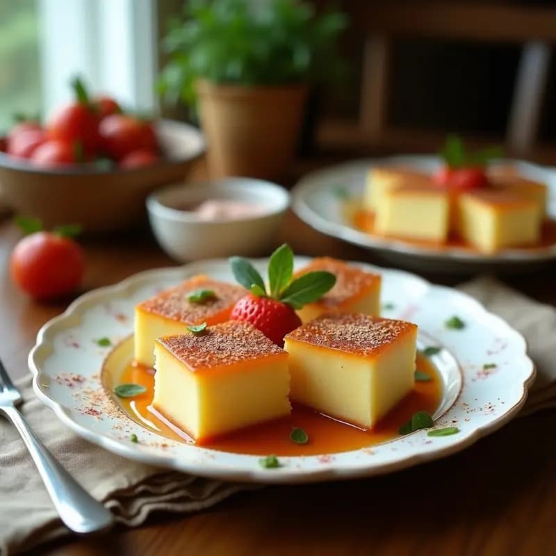Halva de sémola y dátiles cortada en cuadrados, con pistachos picados por encima, servida en un plato de cerámica blanca con detalles dorados. Textura esponjosa y color beige dorado, típica de la repostería medio oriental.