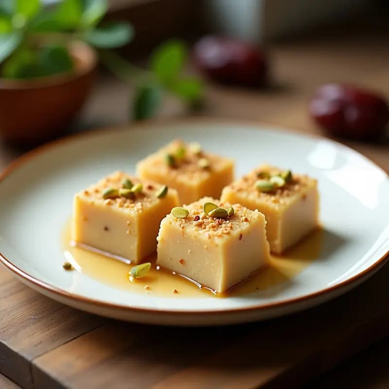 Halva turca de sémola y dátiles cortada en cuadrados perfectos, con pistachos picados y semillas de sésamo tostadas en la superficie, sobre un plato de cerámica blanca con detalles dorados.