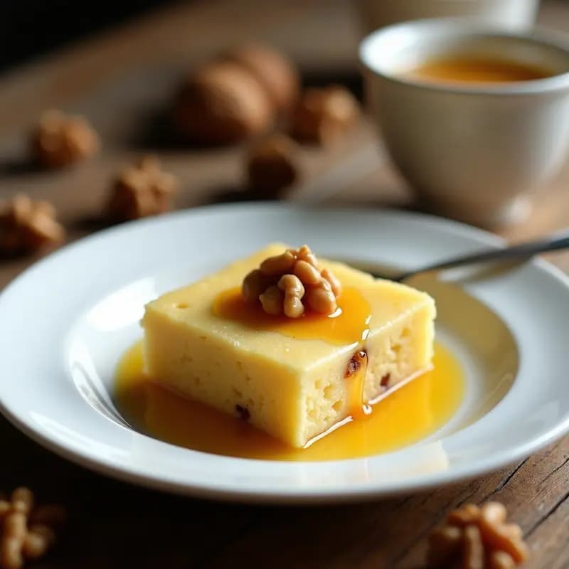 Porción cuadrada de halva de sémola dorada con trozos de nueces y un hilo de miel de tomillo, servida en plato blanco sobre fondo rústico de madera. Postre griego sin gluten y energético.