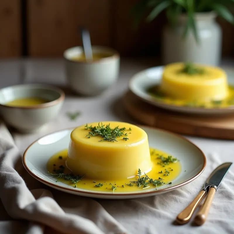 Plato de porcelana blanca con halva de sémola dorada en forma de bolitas, decorada con pistachos picados y un polvillo de cardamomo. Fondo con especias y hojas de menta fresca.
