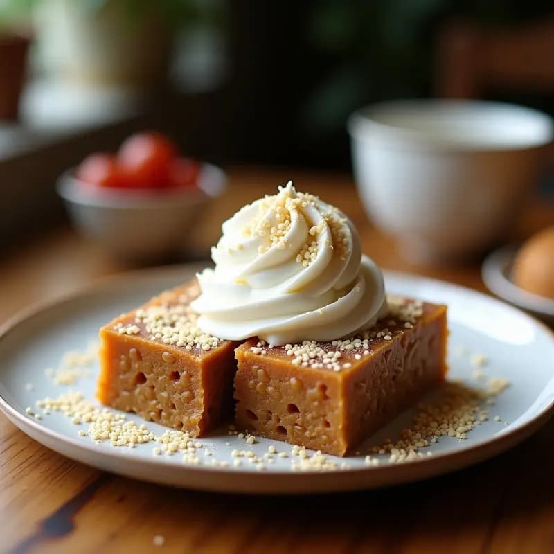 Plato blanco con porciones cuadradas de halva de sésamo y dátiles de color beige oscuro, coronadas por una bola de helado de coco blanco cremoso y espolvoreadas con coco rallado. Textura crujiente del halva y suave del helado, con un hilo dorado de tahini decorando el plato. Fondo de mesa rústica con detalles griegos.