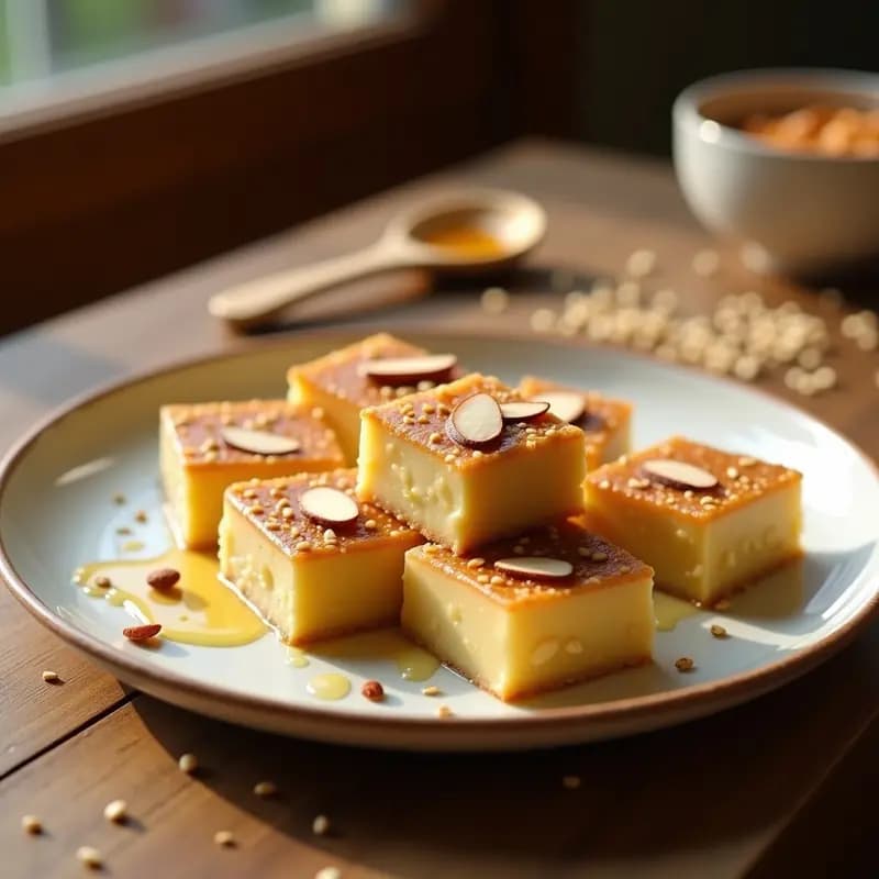 Halva de sésamo y miel griega sin azúcar refinado, cortada en barras doradas sobre un plato de cerámica blanca, con almendras fileteadas en la superficie y un fondo de semillas de sésamo tostadas.