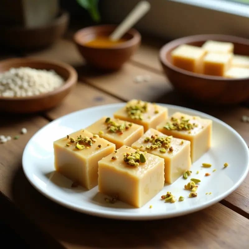 Plato de halva griega vegana de semillas de sésamo y miel, cortada en porciones rectangulares con pistachos picados en la superficie, sobre un fondo rústico de madera con un cuenco de miel y semillas de sésamo al lado.