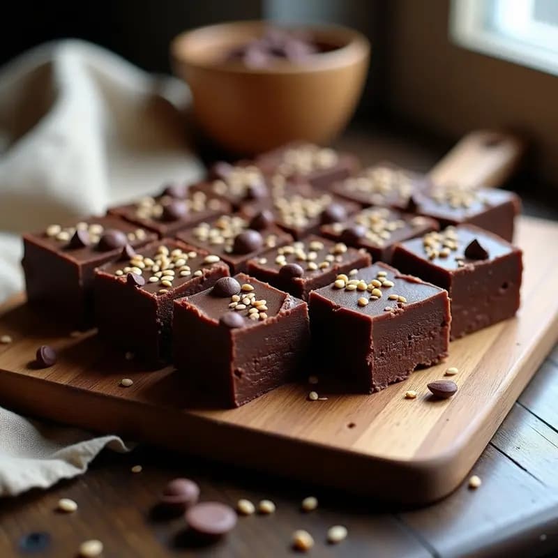 Porción cuadrada de halva de tahini y cacao sin azúcar, con superficie dorada y espolvoreada de semillas de sésamo tostadas. Textura esponjosa y color marrón intenso, servida sobre un plato blanco rústico con fondo de madera oscura.
