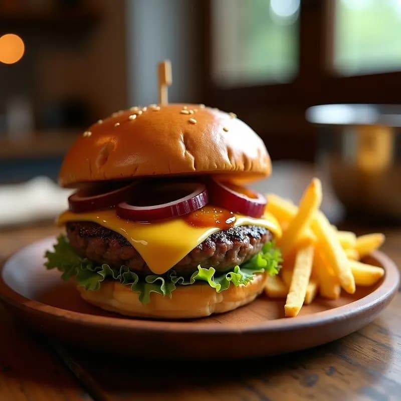 Hamburguesa gourmet con pan de brioche dorado, rellena de carne jugosa, foie gras derretido, queso fundido, cebolla morada caramelizada y bañada con reducción brillante de Pedro Ximénez, servida en plato rústico.