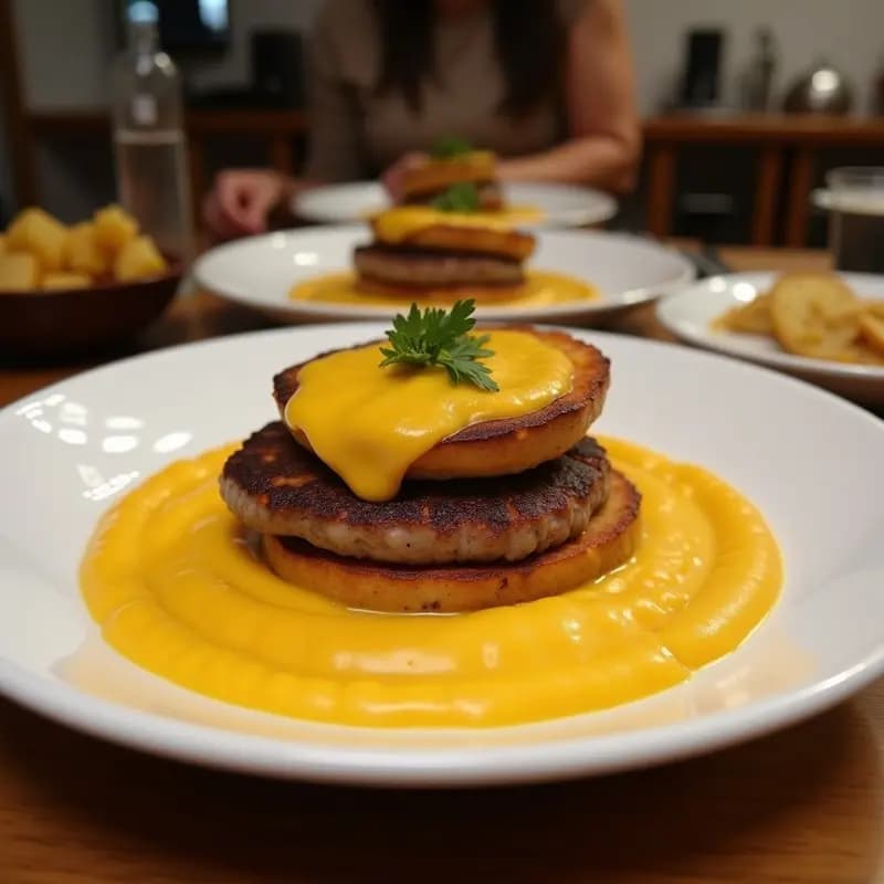 Hamburguesa de carnitas doradas y crujientes con puré de patatas cremoso y queso cheddar fundido, servida en pan de brioche tostado. Plato abundante y lleno de texturas, ideal para desayunar como un rey.