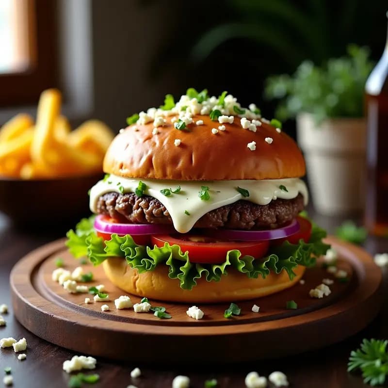 Hamburguesa de cordero jugosa con queso feta derretido, salsa de yogur cremosa, cebolla morada, tomate y pepino en pan brioche dorado, receta griega con toque internacional.