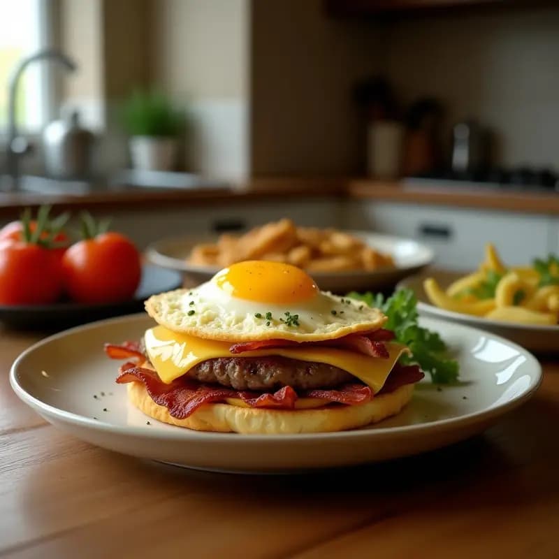 Hamburguesa de doble carne con huevo frito, bacon crujiente y queso cheddar derretido en pan brioche, acompañada de cebolla, tomate y lechuga. Receta de bomba calórica definitiva.