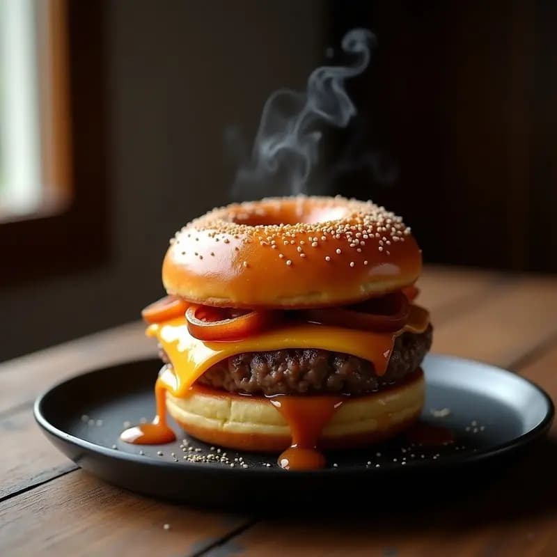 Hamburguesa de donut glaseado con foie gras y salsa de caramelo salado, con capas visibles de carne, queso fundido y cebolla caramelizada, servida en un plato negro con fondo borroso.