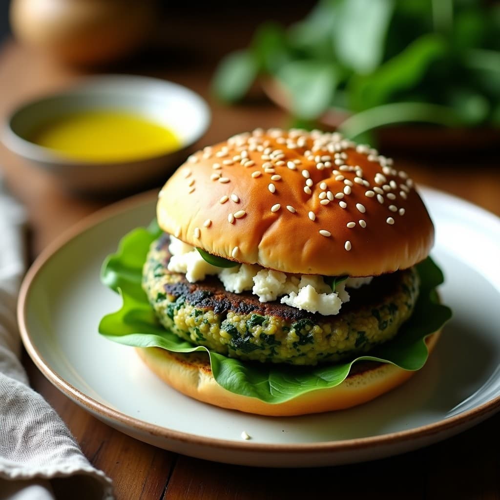 Hamburguesa griega keto con pan de quinoa dorado y crujiente, rellena de jugosa mezcla de espinacas frescas y queso feta desmenuzado, servida sobre fondo rústico de madera con semillas de sésamo visibles.