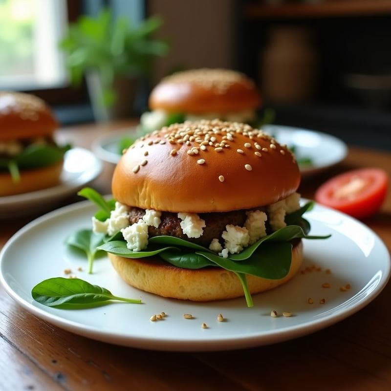 Hamburguesa mediterránea sin gluten con pan de garbanzo dorado, rellena de espinacas verdes y queso feta desmenuzado, servida en plato rústico con semillas de sésamo.