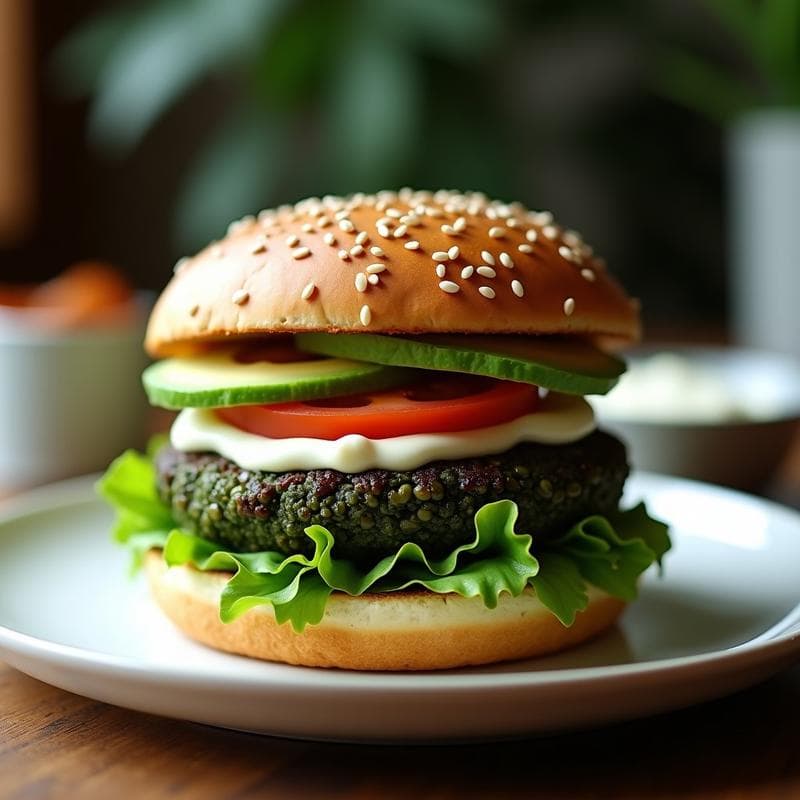 Hamburguesa vegana de algas espirulina y lentejas con pan de semillas, acompañada de lechuga, tomate y aguacate. Plato saludable y detox con textura crujiente y color verde intenso.