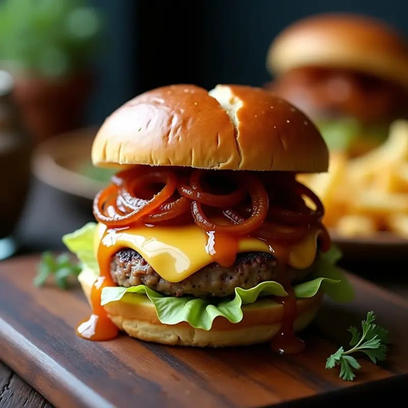 Hamburguesa gourmet con pan brioche dorado, foie gras jugoso, queso brie derretido, cebolla morada caramelizada y un hilo brillante de caramelo salado cayendo por los lados, receta de lujo calórica.