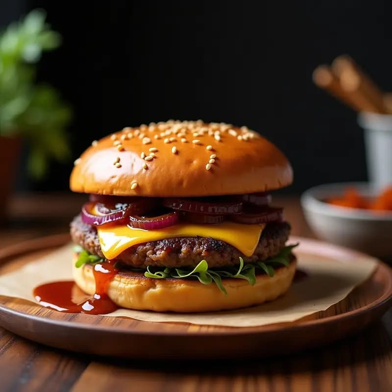 Hamburguesa de foie gras con cebolla caramelizada y queso brié fundido, montada en pan de brioche tostado, con salsa barbacoa asomando entre las capas.