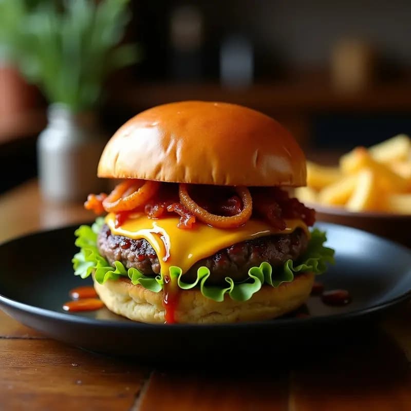 Hamburguesa gourmet con pan de brioche dorado, doble capa de carne jugosa, medallones de foie gras brillantes, queso Gouda fundido en hilos, cebolla caramelizada dorada y panceta crujiente, acompañada de lechuga fresca y salsa barbacoa, servida en un plato negro con fondo oscuro.