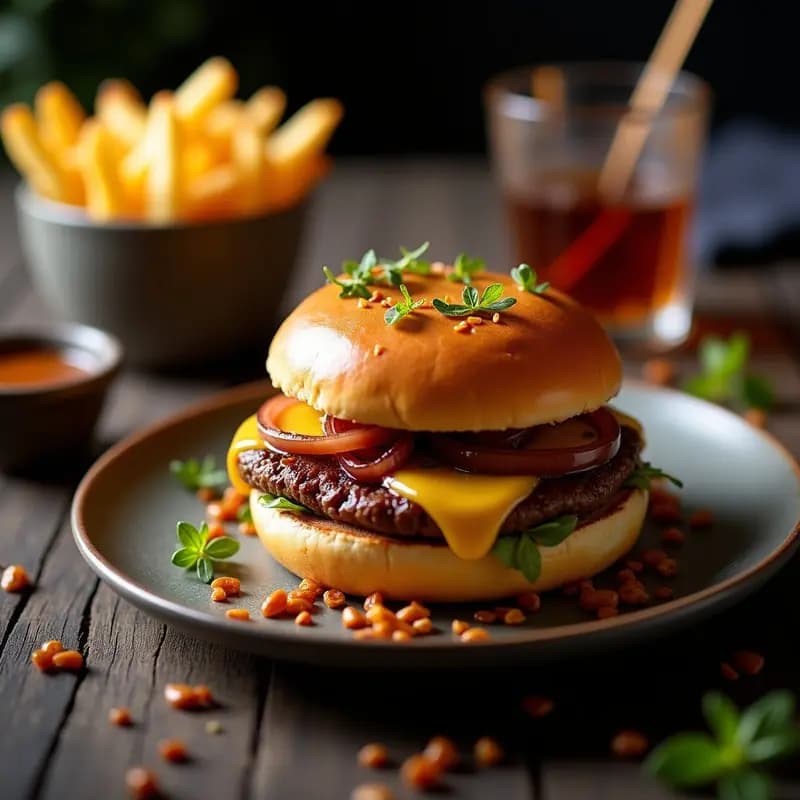 Hamburguesa de lujo fast-food con foie gras dorado, cebolla caramelizada brillante y salsa de trufa oscura, montada en pan de brioche tostado, con queso Emmental fundido asomando por los lados. Plato de fondo rústico con patatas fritas crujientes.