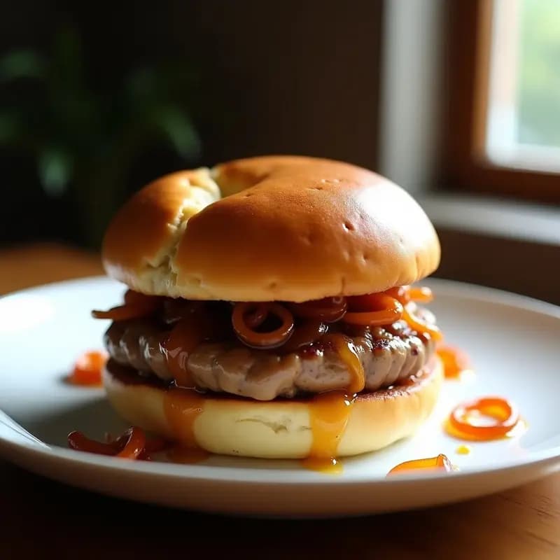 Hamburguesa gourmet casera con filete dorado de foie gras, compota de cebolla caramelizada brillante y pan de brioche tostado y esponjoso, servida en plato blanco con fondo borroso.