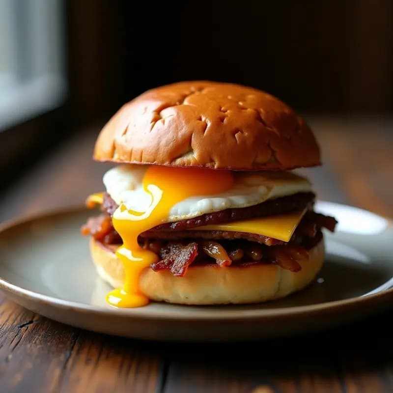 Hamburguesa de foie gras y confit de pato con pan brioche dorado, cebolla caramelizada, queso brie fundido y huevo frito con yema líquida, receta francesa de alta cocina.
