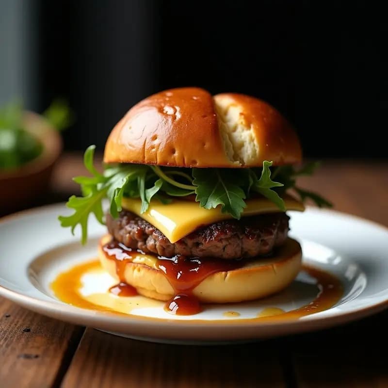 Hamburguesa gourmet de foie gras con confitura de higos y rúcula, pan brioche dorado en mantequilla, queso brie fundido y foie gras frito, servida en plato negro con fondo oscuro.
