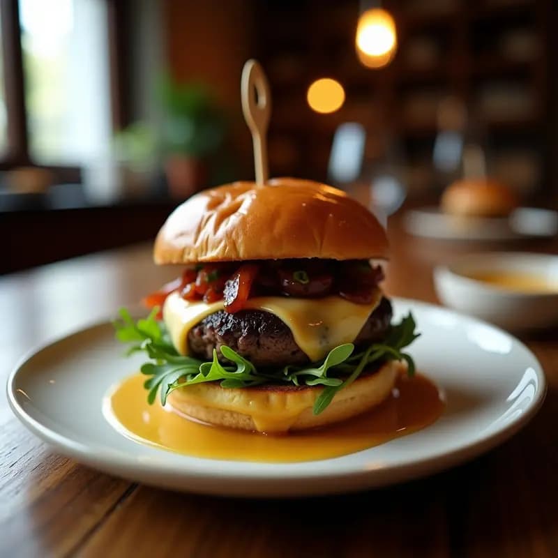 Hamburguesa gourmet de foie gras con queso brie derretido y mermelada de higos en pan de brioche dorado, acompañada de cebolla caramelizada y rúcula fresca, receta de lujo para ocasiones especiales.