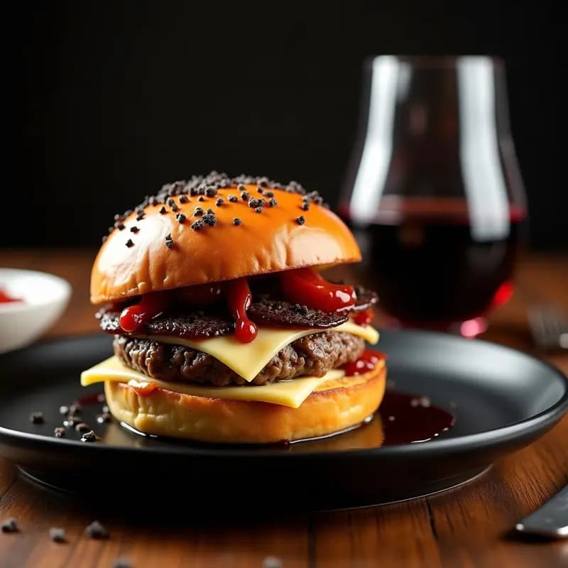Hamburguesa de foie gras con trufa negra y salsa de vino tinto en pan brioche dorado, con cebolla caramelizada y queso fundido, servida en plato negro con fondo oscuro.
