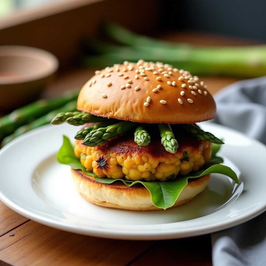 Hamburguesa vegana de garbanzos y espárragos trigueros con pan de lino dorado y semillas de sésamo, servida en plato blanco con fondo rústico.