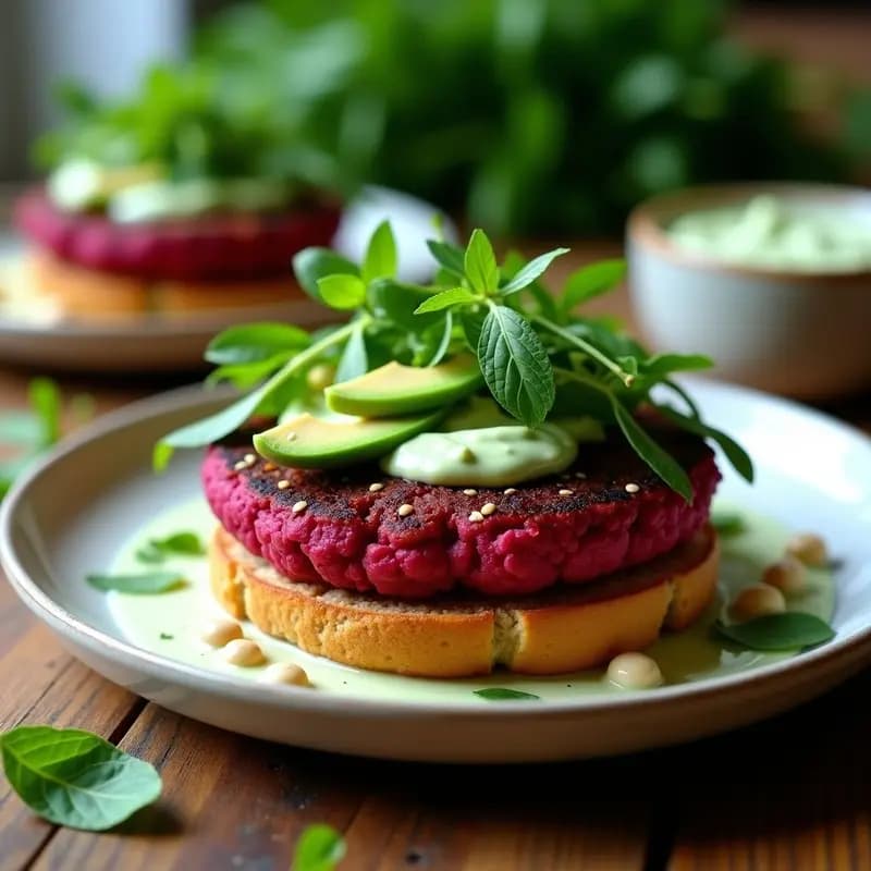 Hamburguesa vegana de garbanzos y remolacha con salsa de yogur y menta, dorada por fuera y jugosa por dentro, servida en pan integral con hojas de rúcula y rodajas de aguacate, acompañada de salsa cremosa verde.