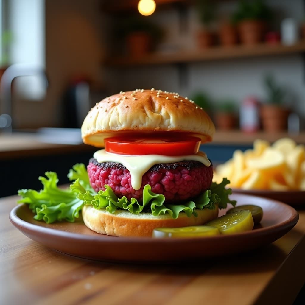 Hamburguesa keto española de garnacha y remolacha con pan de coliflor dorado, alioli de ajo negro, lechuga romana y rodajas de tomate, servida en un plato rústico de madera con fondo borroso de cocina moderna.