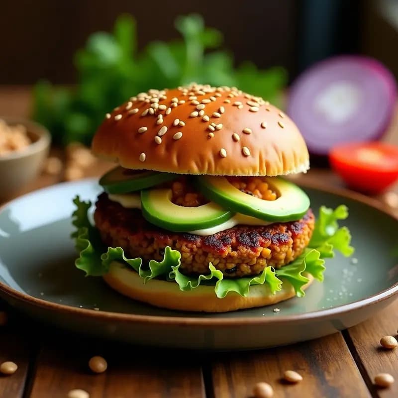 Hamburguesa de lentejas estilo Corral dorada y jugosa, servida en pan integral con aguacate, tomate y lechuga, acompañada de salsa de yogur.
