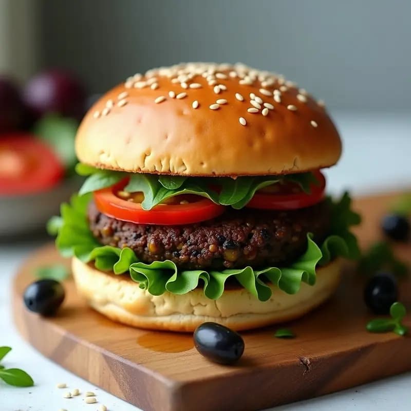 Hamburguesa griega vegana con pan verde de espinacas, rellena de hamburguesa negra de lentejas y aceitunas Kalamata, acompañada de rúcula y tomate en rodajas. Plato estilo TikTok con decoración de aceitunas y hilo de aceite de oliva.