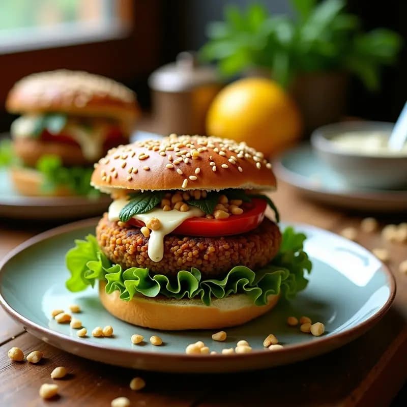 B Hamburger vegana de lentejas y quinoa con salsa de yogur, servida en pan integral con lechuga y tomate, receta alta en fibra y proteína.
