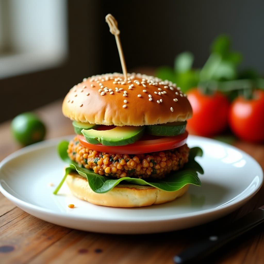 Hamburguesa vegana y sin gluten con pan de bonito dorado, rellena de lentejas rojas y espinacas, servida sobre lechuga morada con salsa de tahini. Plato innovador de cocina japonesa con toque umami.