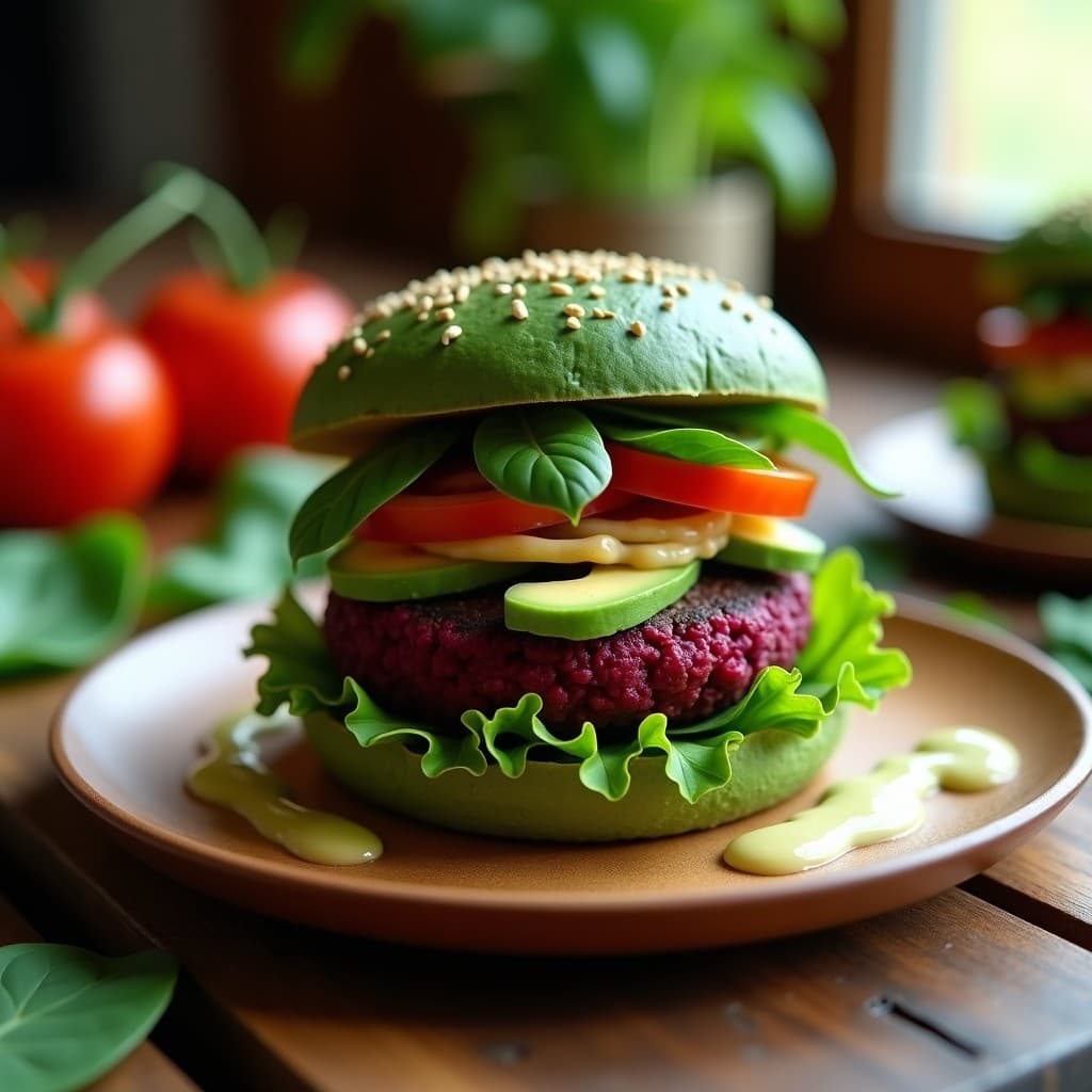 Hamburguesa vegana de lentillas y remolacha con pan de espinacas verde intenso, acompañada de aguacate, rúcula y tomate en rodajas. Plato saludable, alto en fibra y proteína, servido en un plato de madera rústico.
