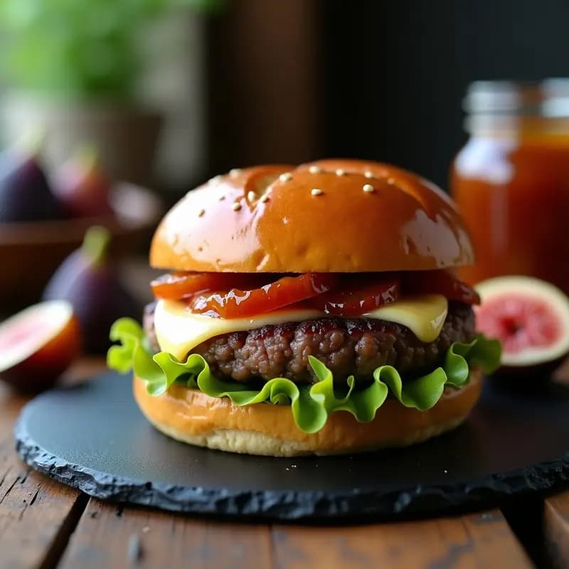 Hamburguesa gourmet con pan de brioche dorado, carne jugosa, queso brie fundido, mermelada de higos brillante, cebolla morada caramelizada, lechuga crujiente y tomate fresco, servida en plato negro con fondo rústico.