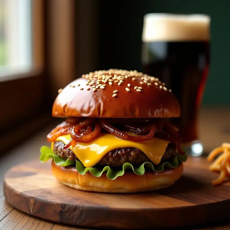 Hamburguesa con pan de pretzel dorado y crujiente, rellena de carne jugosa, queso suizo derretido y cebolla caramelizada con cerveza negra, servida en tabla de madera rústica con fondo de cerveza alemana.