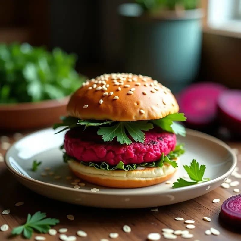 Hamburguesa vegana alta en hierro con pan de avena dorado, rellena de una mezcla vibrante de remolacha y garbanzos, decorada con perejil fresco y semillas de sésamo sobre un fondo rústico.