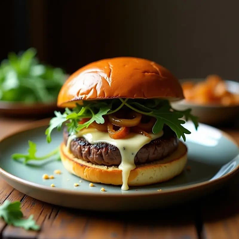 Hamburguesa de Ternera con QuesoBlue, Cebolla Caramelizada y Rúcula: Sofisticación en un Bocado