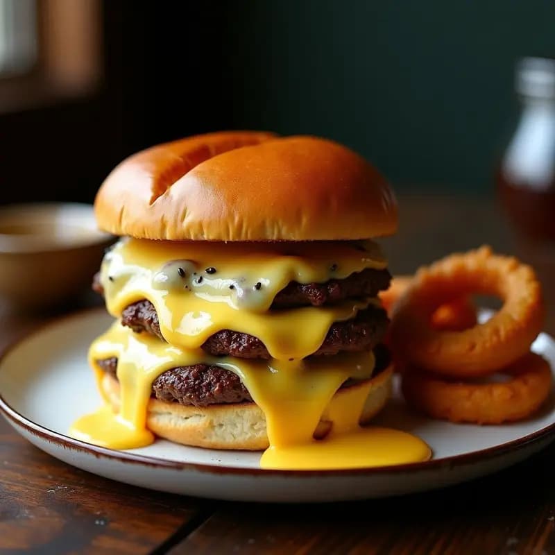 Hamburguesa triple queso con salsa de foie gras y trufa negra, pan brioche dorado, capas de cheddar fundido, gruyère y queso azul, acompañada de aros de cebolla crujientes sobre fondo oscuro.