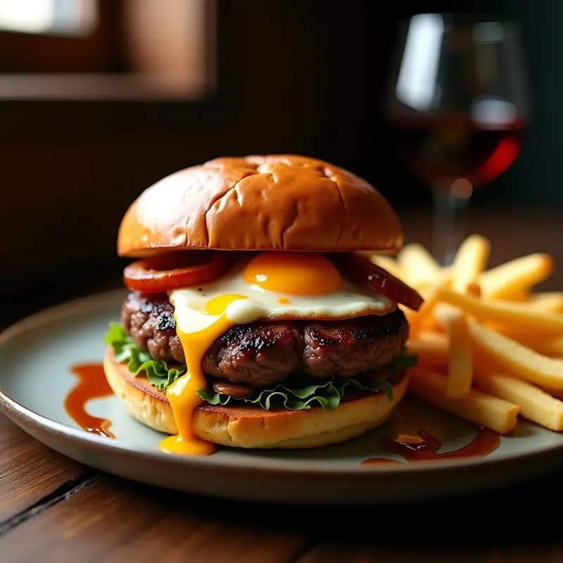 Hamburguesa de Wagyu con foie gras, queso brie derretido y reducción de oporto, servida en pan de brioche dorado con huevo frito y cebolla caramelizada, receta de lujo en casa.