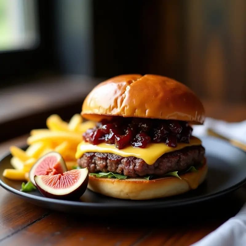 Hamburguesa de Wagyu con queso Brie fundido y compota de higos brillante, servida en pan de brioche tostado con cebolla morada caramelizada, acompañada de patatas fritas crujientes sobre un plato negro.