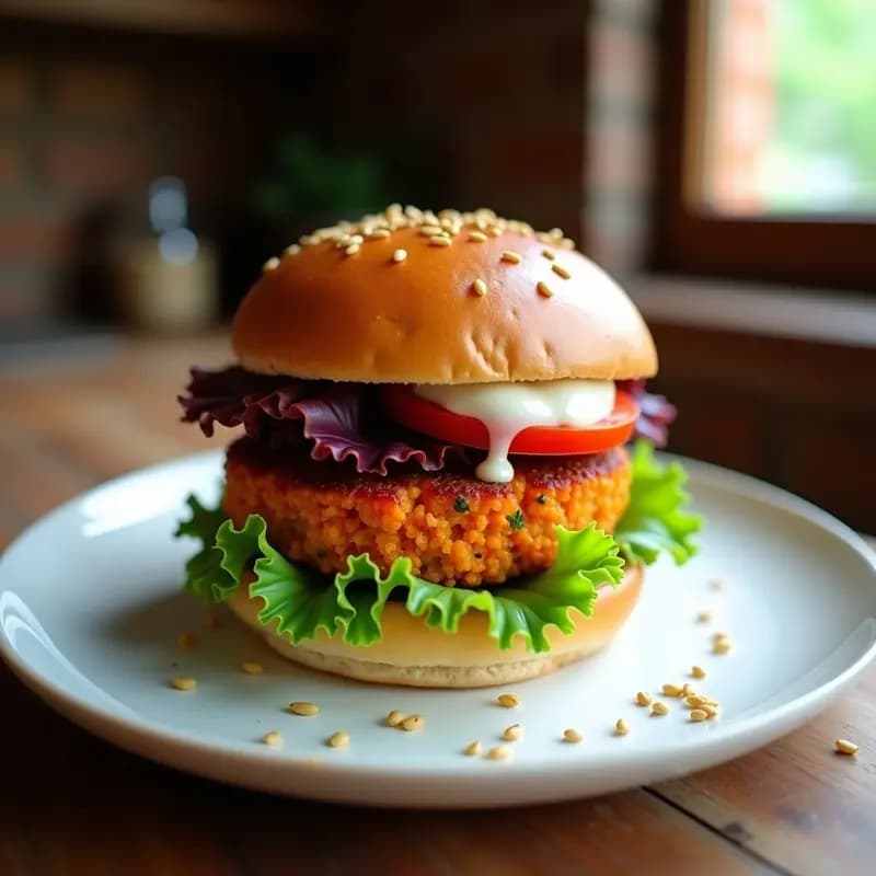 Hamburguesa vegana de zanahoria y tahini con pan integral, lechuga morada y tomate, servida en plato blanco con fondo rústico de madera.