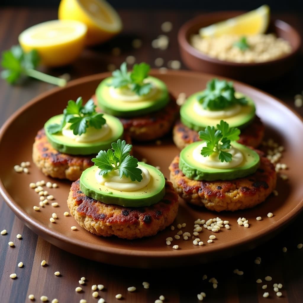 Hamburguesas veganas de alubias negras y quinoa doradas en sartén, con textura crujiente por fuera y jugosa por dentro, acompañadas de ensalada verde y rodajas de aguacate.