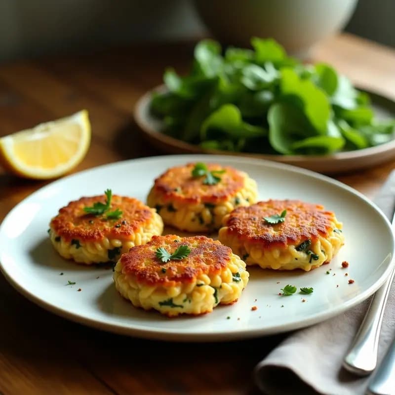Hamburguesas doradas y crujientes de chipirones y algas wakame servidas en un plato blanco, con un fondo de ensalada verde y limón. Receta en airfryer alta en yodo y omega-3.