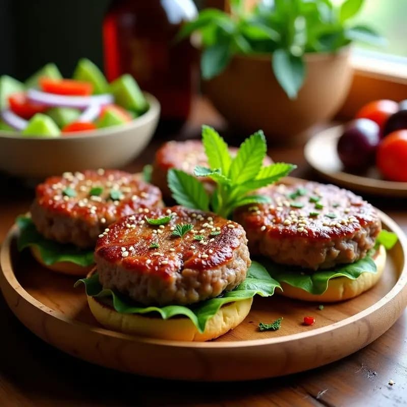 Hamburguesas de cordero doradas y jugosas en airfryer, con trozos de queso feta derritiéndose, servidas sobre una base de hojas de menta fresca y acompañadas de rodajas de cebolla morada y yogur griego. Receta griega tradicional reinventada.
