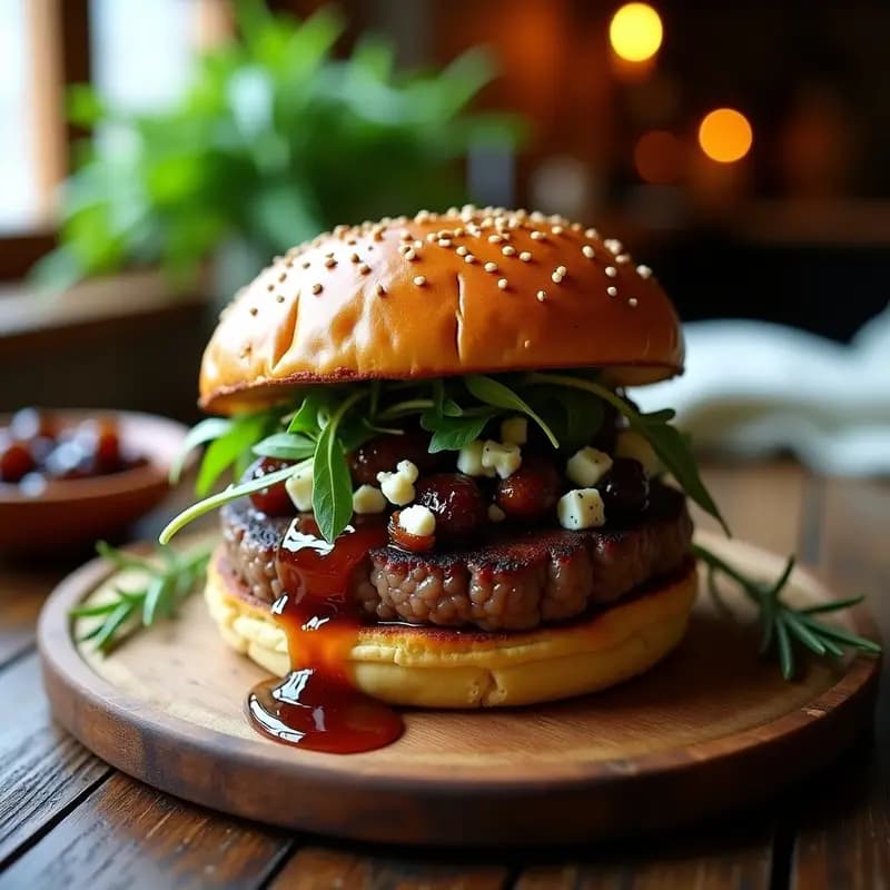 Hamburguesa gourmet con entraña de ternera jugosa, ciruelas caramelizadas brillantes, queso azul desmenuzado y rúcula fresca sobre pan de brioche tostado, receta rápida y sofisticada.