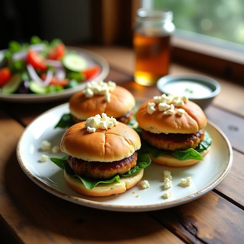 Hamburguesas doradas de espinacas y feta con pan de garbanzo keto, servidas en un plato rústico con ensalada griega de fondo, receta sin harina y alta en proteína.