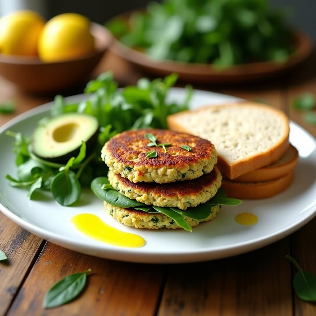 Hamburguesas doradas de espinacas y queso de cabra con pan de avena keto, servidas en plato blanco con ensalada verde y aguacate, receta alta en hierro y baja en carbohidratos.