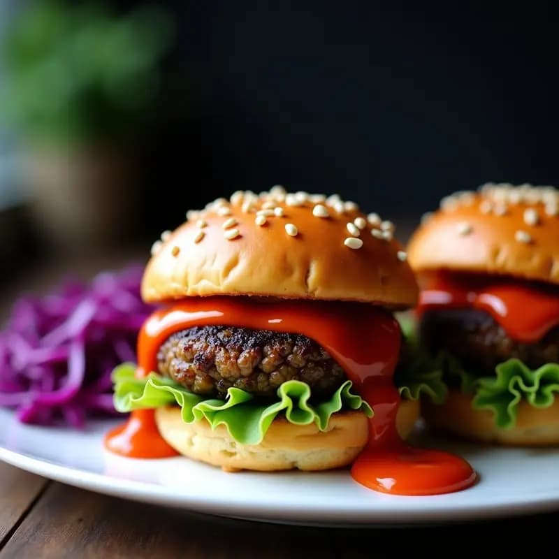Hamburguesas doradas y crujientes de garbanzos negros y algas nori servidas en un plato blanco, con salsa de kimchi vegano espesa y brillante por encima, decoradas con semillas de sésamo. Receta vegana en airfryer con toque asiático.